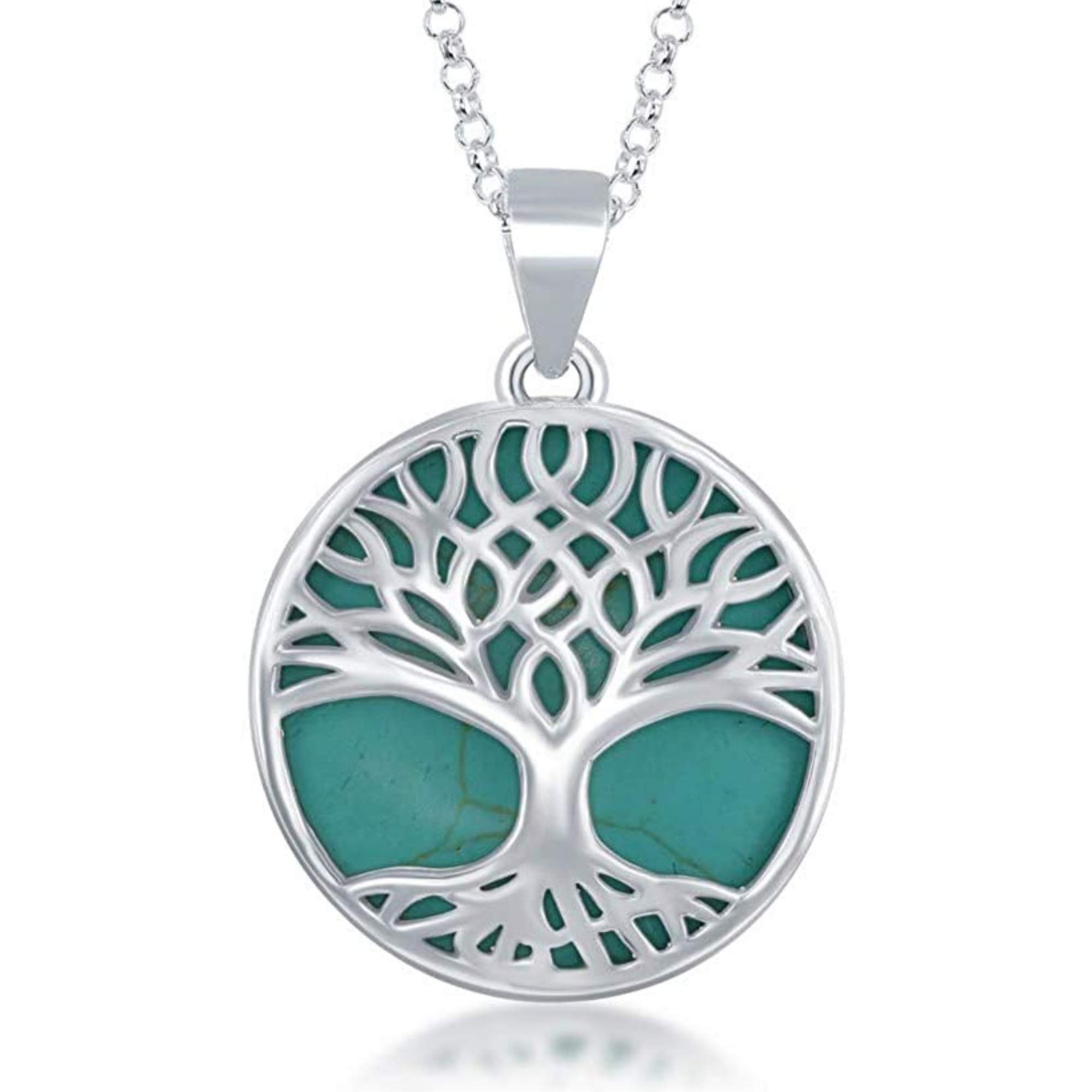 Sterling Silver Turquoise Stone Abalone Mother of Pearl Necklaces for Women - Tree of Life Necklace - Unique Pendant Necklaces - Fine Jewelry Gifts for Women (Turquoise)