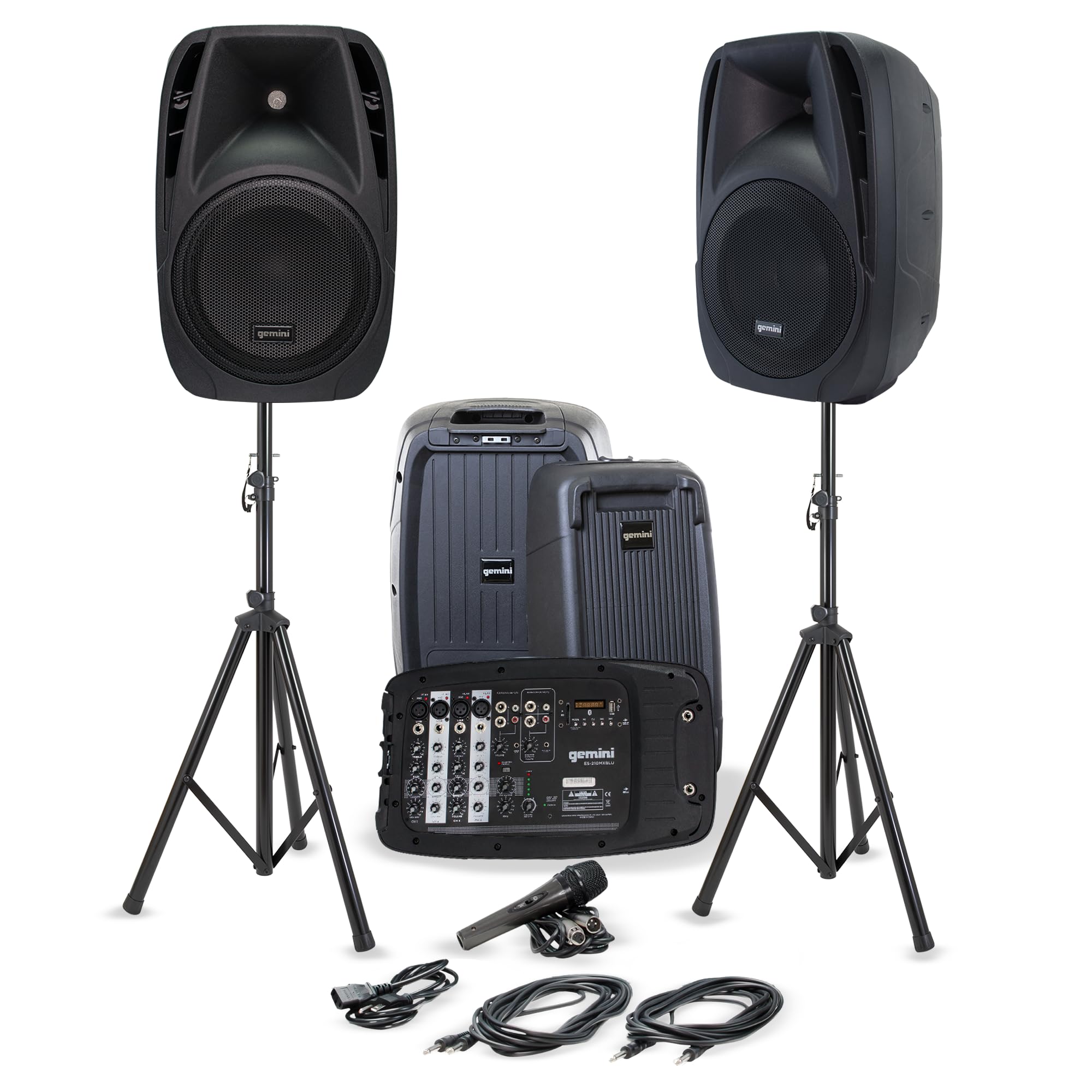 Gemini Sound Professional PA System - Dual 10" Speakers with 600W Amp, Bluetooth, Mixer, USB/SD, Durable Design, Includes 2 Speaker Stands for DJs, Musicians