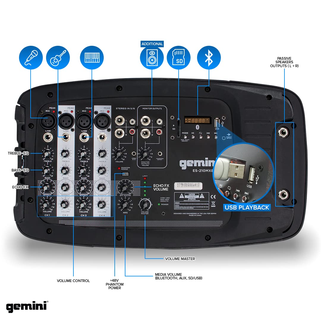 Gemini Sound Professional PA System - Dual 10" Speakers with 600W Amp, Bluetooth, Mixer, USB/SD, Durable Design, Includes 2 Speaker Stands for DJs, Musicians