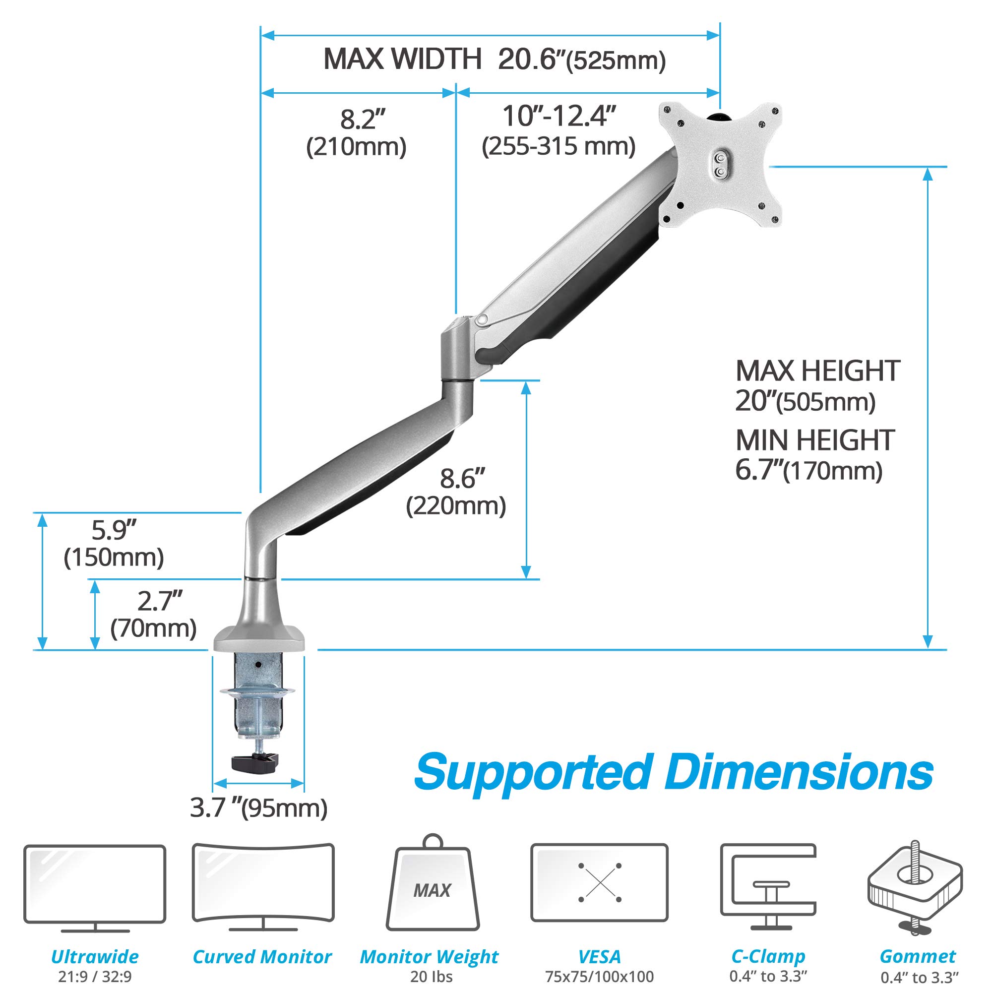 AVLT Single 13"-34" Monitor Arm Desk Mount fits One Flat/Curved/Ultrawide Monitor Full Motion Height Swivel Tilt Rotation Adjustable Monitor Arm - VESA/C-Clamp/Grommet/Cable Management