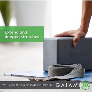 Gaiam Yoga Block & Yoga Strap Combo Set - Yoga Block with Strap, Pilates & Yoga Props to Help Extend & Deepen Stretches, Yoga Kit for Stability, Balance & Optimal Alignment - Grey