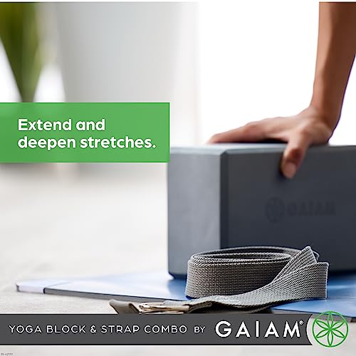 Gaiam Yoga Block & Yoga Strap Combo Set - Yoga Block with Strap, Pilates & Yoga Props to Help Extend & Deepen Stretches, Yoga Kit for Stability, Balance & Optimal Alignment - Grey