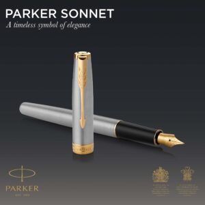 PARKER Sonnet Fountain Pen, Stainless Steel with Gold Trim, Fine Nib (1931504)