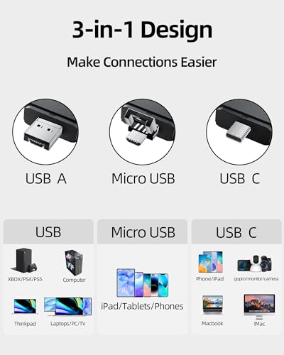 Vanja SD Card to USB Adapter, 3-in-1 USB-C USB-A Micro USB SD Card Reader,Trail Camera Memory Card Reader for PC/Laptop/Phone/Tablet, for SD SDXC SDHC MMC RS-MMC microSDXC microSD microSDHC UHS-I Card