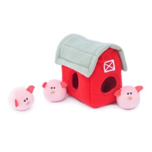 zippypaws - farm pals burrow, interactive squeaky hide and seek plush dog toy - bubble babiez pig barn