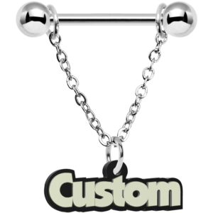 body candy custom steel glow chain personalized name dangle nipple ring set of 2 14 gauge 5/8"