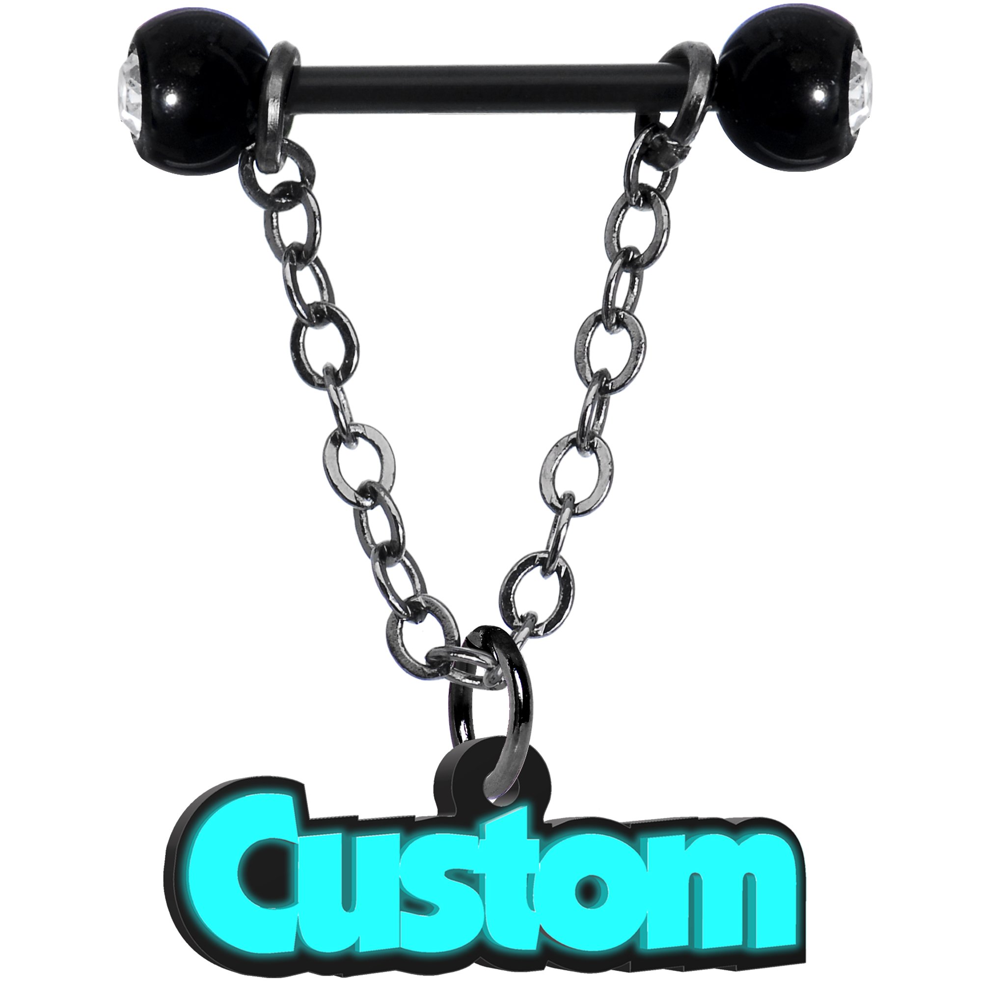 Body Candy Custom Black PTFE Glow Chain Personalized Name Dangle Nipple Ring Set of 2 14 Gauge 5/8"