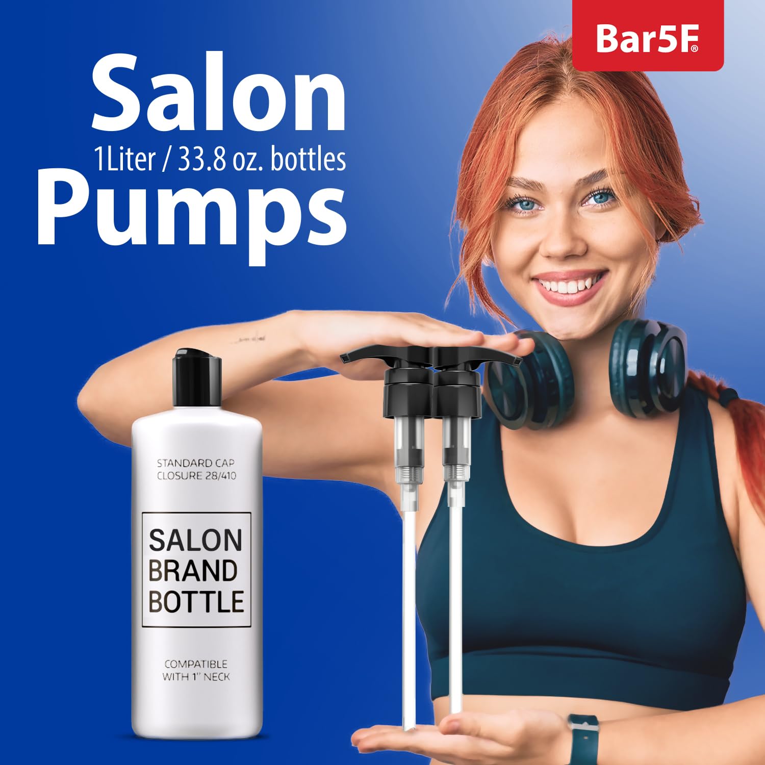 Bar5F Pump for 33.8-Oz Shampoo and Conditioner Liter Bottles (1" inch Bottle Neck 28/410) 2-Pack