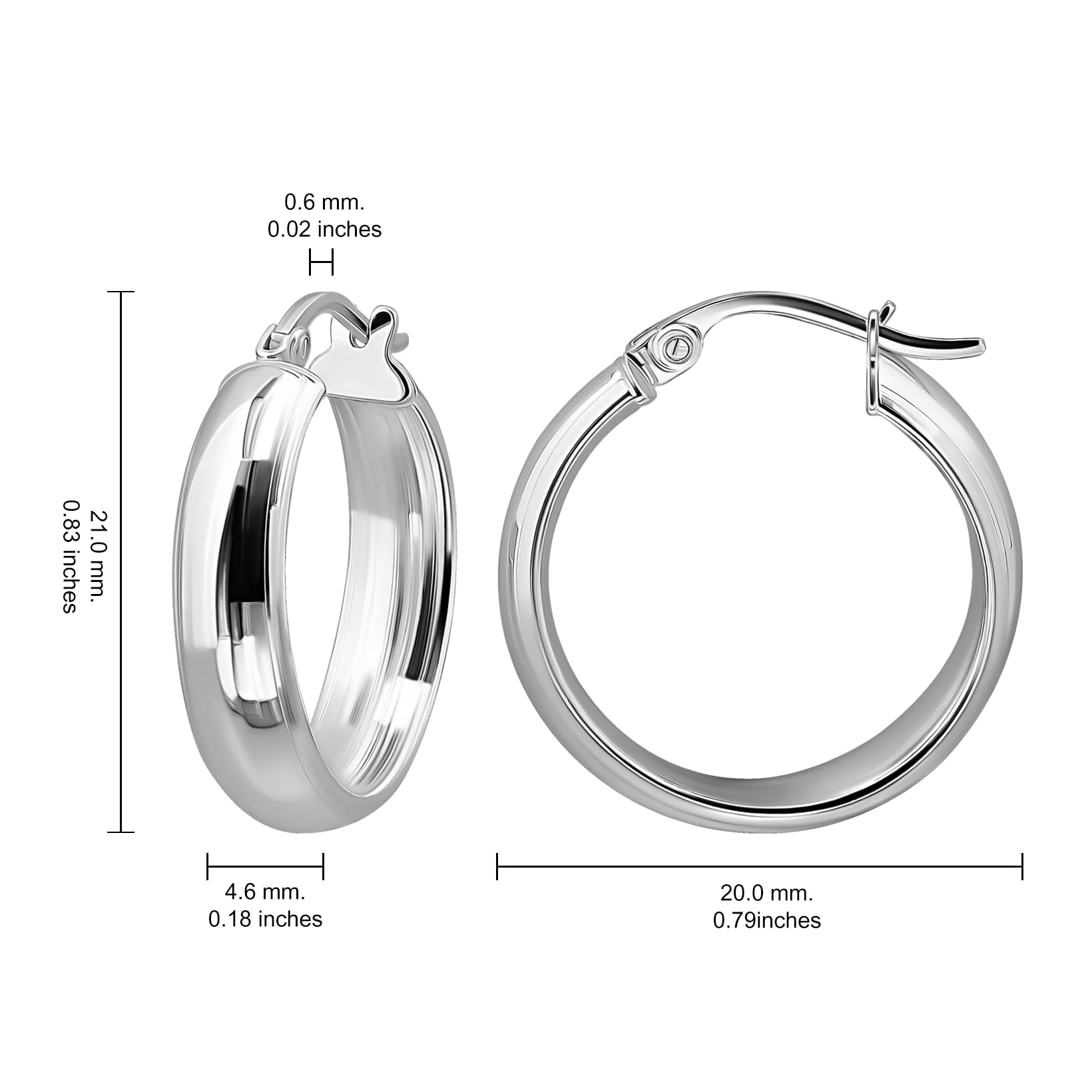 Sterling Silver Half Round Design High Polished Hoop Earrings, 20mm