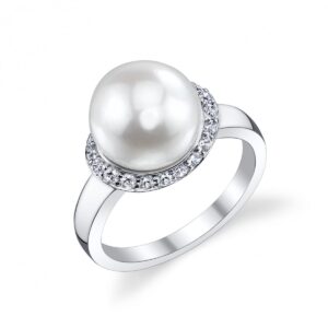 The Pearl Source 10-11mm Genuine White Freshwater Cultured Pearl & Cubic Zirconia Sparkling Ring for Women