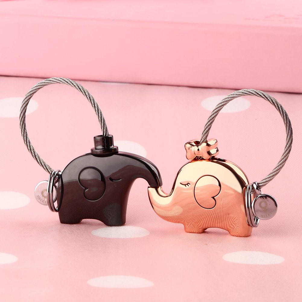 MILESI Original Fantastic Kissing Elephant Couples Keychains Birthday Valentines Gifts Cute Charm Set Couple Gift(black-gold)