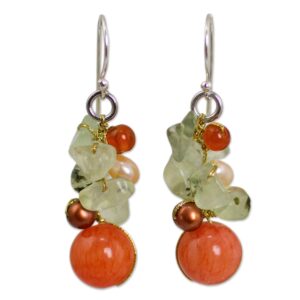 novica artisan handcrafted cultured pearl carnelian cluster earrings prehnite sterling silver plated dyed green beaded dangle thailand birthstone [1.6 in l x 0.4 in w] ' spicy peach'