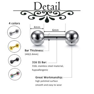 Stainless Steel 14G Body Piercing Barbells Silver Gold Black Rainbow Color 6mm Post Studs Earring Nipple Nose Tongue Helix Tragus Cartilage Labaret Medusa Lip Eyebrow Straight Bar 4mm Ball Screw