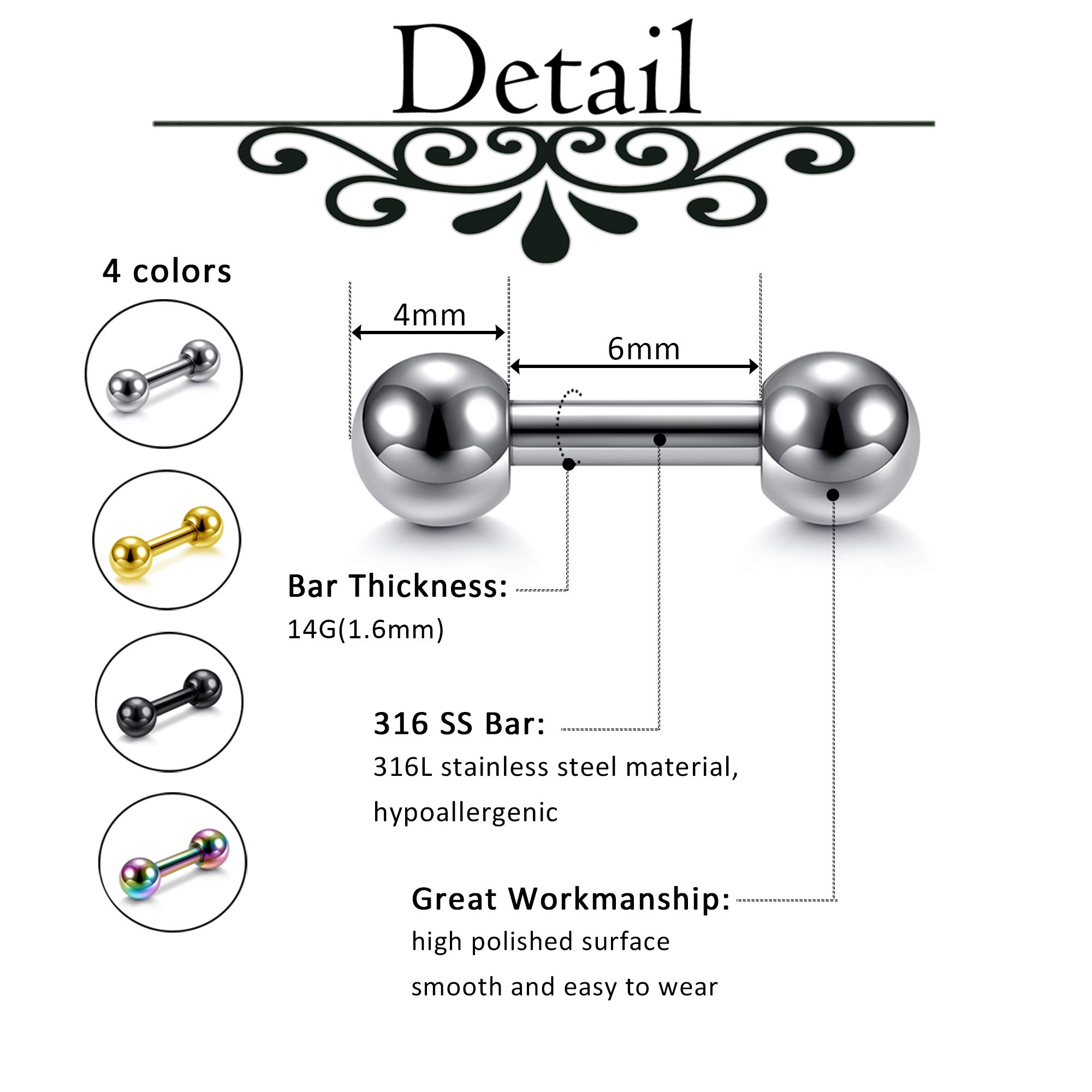 Stainless Steel 14G Body Piercing Barbells Silver Gold Black Rainbow Color 6mm Post Studs Earring Nipple Nose Tongue Helix Tragus Cartilage Labaret Medusa Lip Eyebrow Straight Bar 4mm Ball Screw