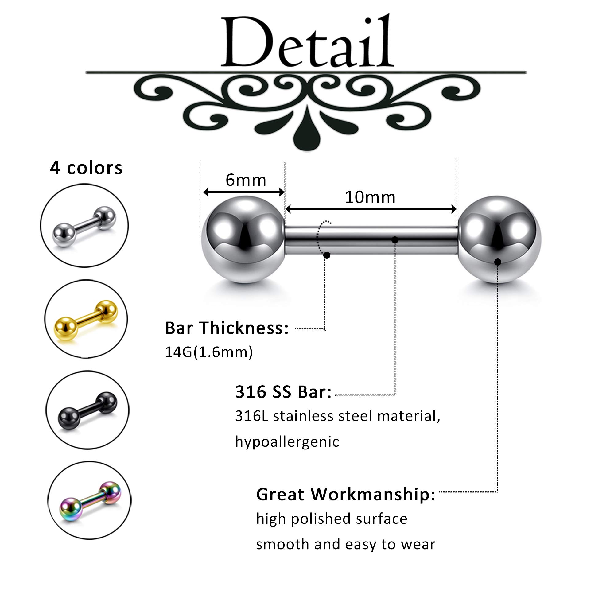 Stainless Steel 14G Body Piercing Barbells Silver Gold Black Rainbow Color 10mm Post Studs Earring Nipple Nose Tongue Helix Tragus Cartilage Labaret Medusa Lip Eyebrow Straight Bar 6mm Ball Screw