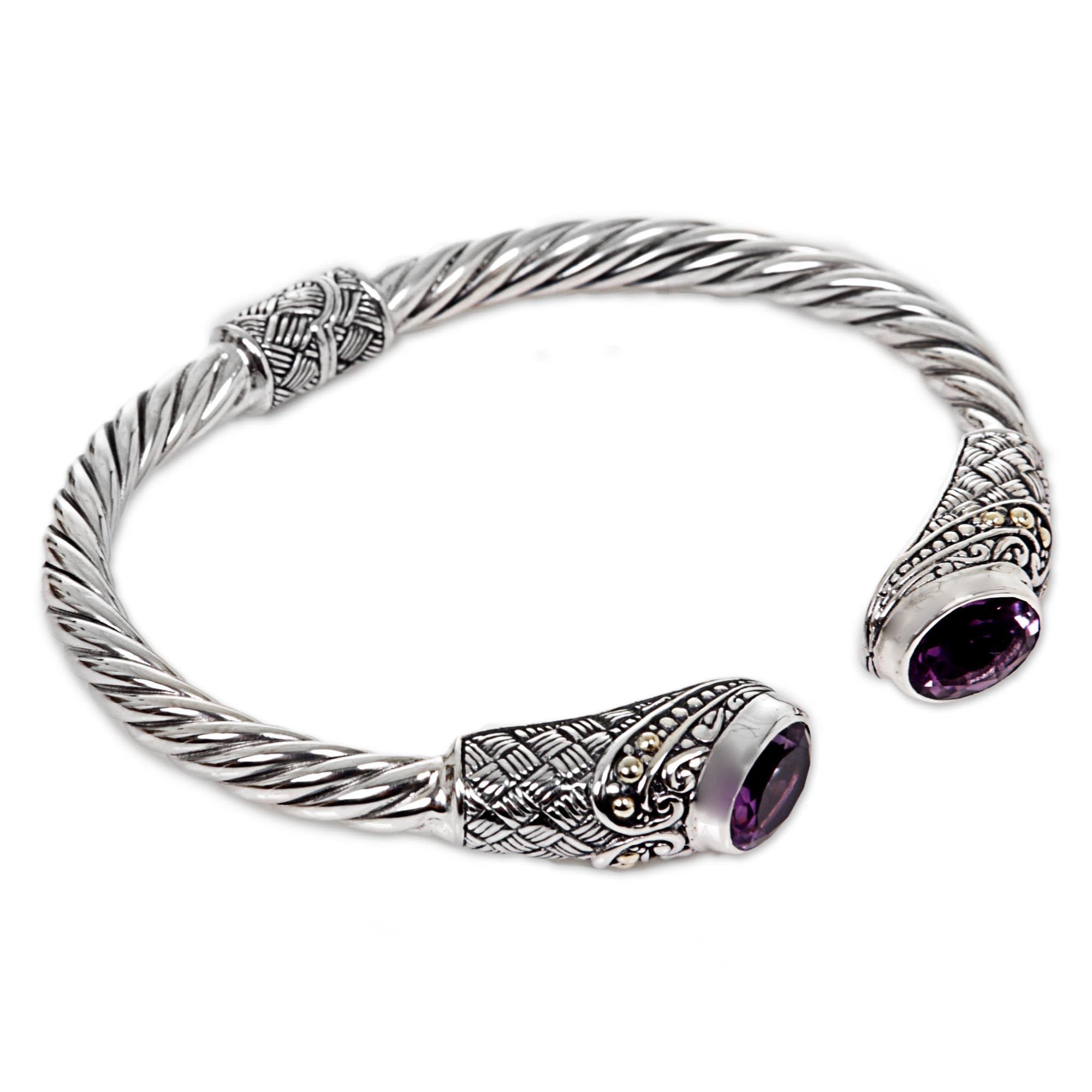 NOVICA Artisan Handmade Amethyst Cuff Bracelet Crafted from Indonesia Sterling Silver Gold Accent Purple Birthstone [6.25 in L (end to End) x 0.3 in W] ' Sterling Rope'