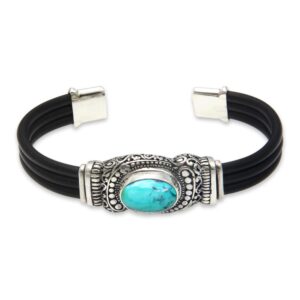 novica artisan handmade sterling silver cuff bracelet reconstituted turquoise rubber black blue indonesia [6 in l (end to end) x 0.4 in w] ' royal splendor'