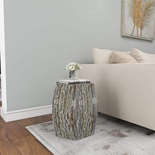 Deco 79 Mother of Pearl Shell Handmade Side End Accent Table Shell Mosaic Hexagon End Table with Brown Accents, Side Table 16" x 16" x 16", Gray