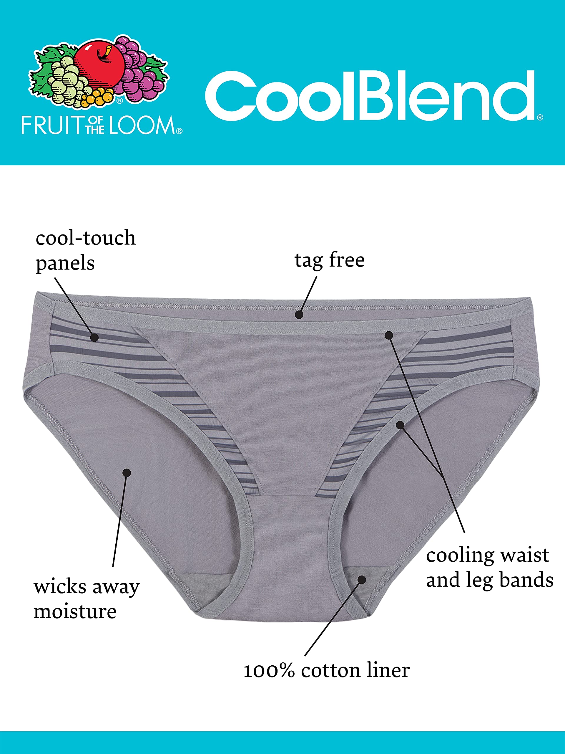 Fruit Of The Loom Womens Breathable Underwear, Moisture Wicking Keeps You Cool & Comfortable, Available Plus Size Bikini, Coolblend - Bikini - 4 Pack - Colors May Vary, 7 US