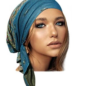 Teal Cashmere Headscarf Turquoise Headwear for Women Tichel Super Soft Headcovering Head cover Head wear Pre tied Bandana Ethnic Print Collection (Teal short - 290)