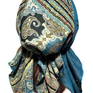 Teal Cashmere Headscarf Turquoise Headwear for Women Tichel Super Soft Headcovering Head cover Head wear Pre tied Bandana Ethnic Print Collection (Teal short - 290)