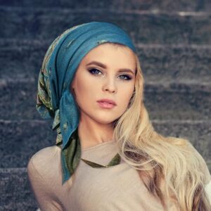 Teal Cashmere Headscarf Turquoise Headwear for Women Tichel Super Soft Headcovering Head cover Head wear Pre tied Bandana Ethnic Print Collection (Teal short - 290)