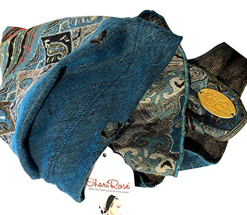 Teal Cashmere Headscarf Turquoise Headwear for Women Tichel Super Soft Headcovering Head cover Head wear Pre tied Bandana Ethnic Print Collection (Teal short - 290)