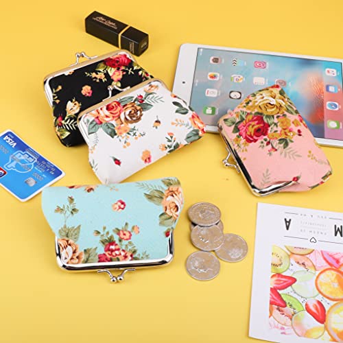 Oyachic 4 Packs Floral Coin Purse,Rose Kiss Lock Change Purse for Women,Small Cute Wallets with Clasp,Vintage Car Coin Pouch for Woman,Girls