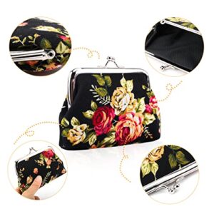 Oyachic 4 Packs Floral Coin Purse,Rose Kiss Lock Change Purse for Women,Small Cute Wallets with Clasp,Vintage Car Coin Pouch for Woman,Girls