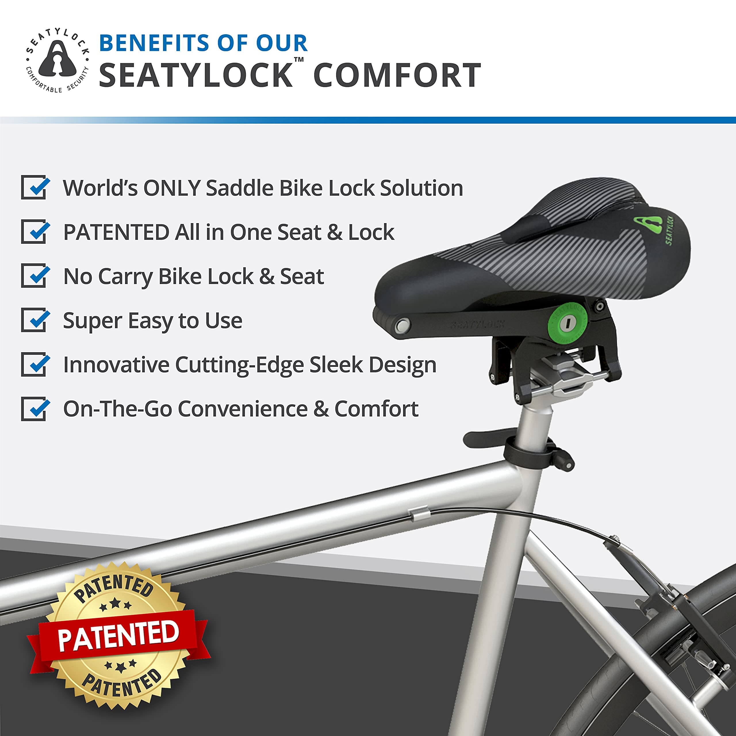 Seatylock Hybrid Saddle Bike Lock - Multi Patent 2 in 1 Locking Bike Seat Doubles As Saddle or Bicycle Guard - Innovative Lightweight Anti Theft Bike Lock and Saddle with Keys