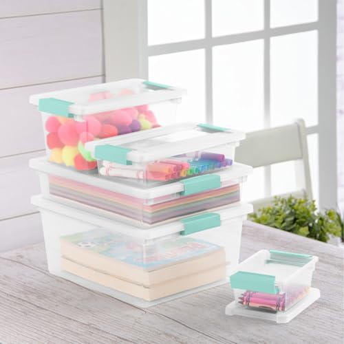 Sterilite Clip Box, Stackable Small Storage Bin with Latching Lid, Plastic Container to Organize Office, Crafts, Clear Base and Lid, Large, 1-Pack