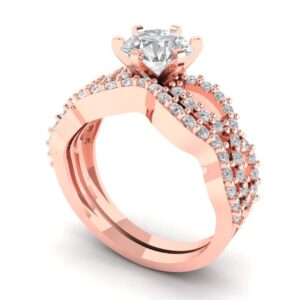 1.52 ct Round Cut Clear Simulated Diamond 14k Rose Gold Solitaire W/Accents Wedding Engagement Bridal Ring Band Set Sz 7