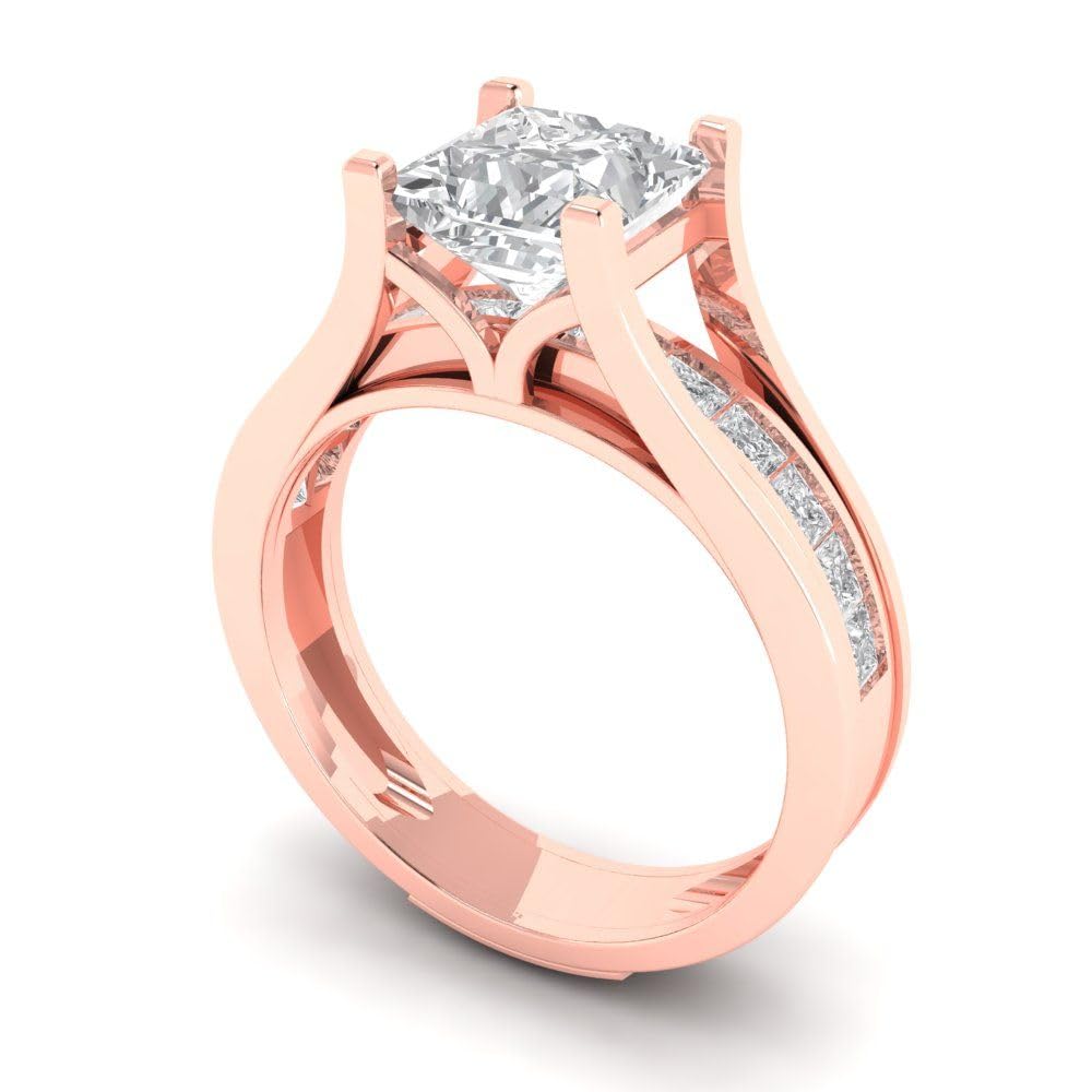 2.28 ct Princess Cut Clear Simulated Diamond 14k Rose Gold Solitaire W/Accents Wedding Engagement Bridal Ring Set Sz 3.5