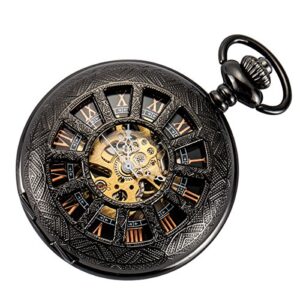 sibosun skeleton pocket watch special 12 little window case design men black mechanical with chain box