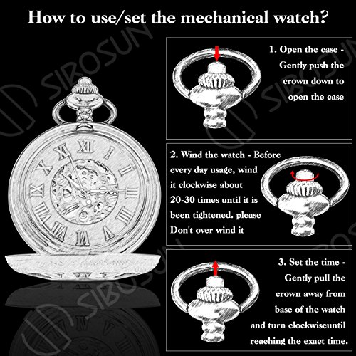 SIBOSUN Skeleton Pocket Watch Special 12 Little Window Case Design Men Black Mechanical with Chain Box