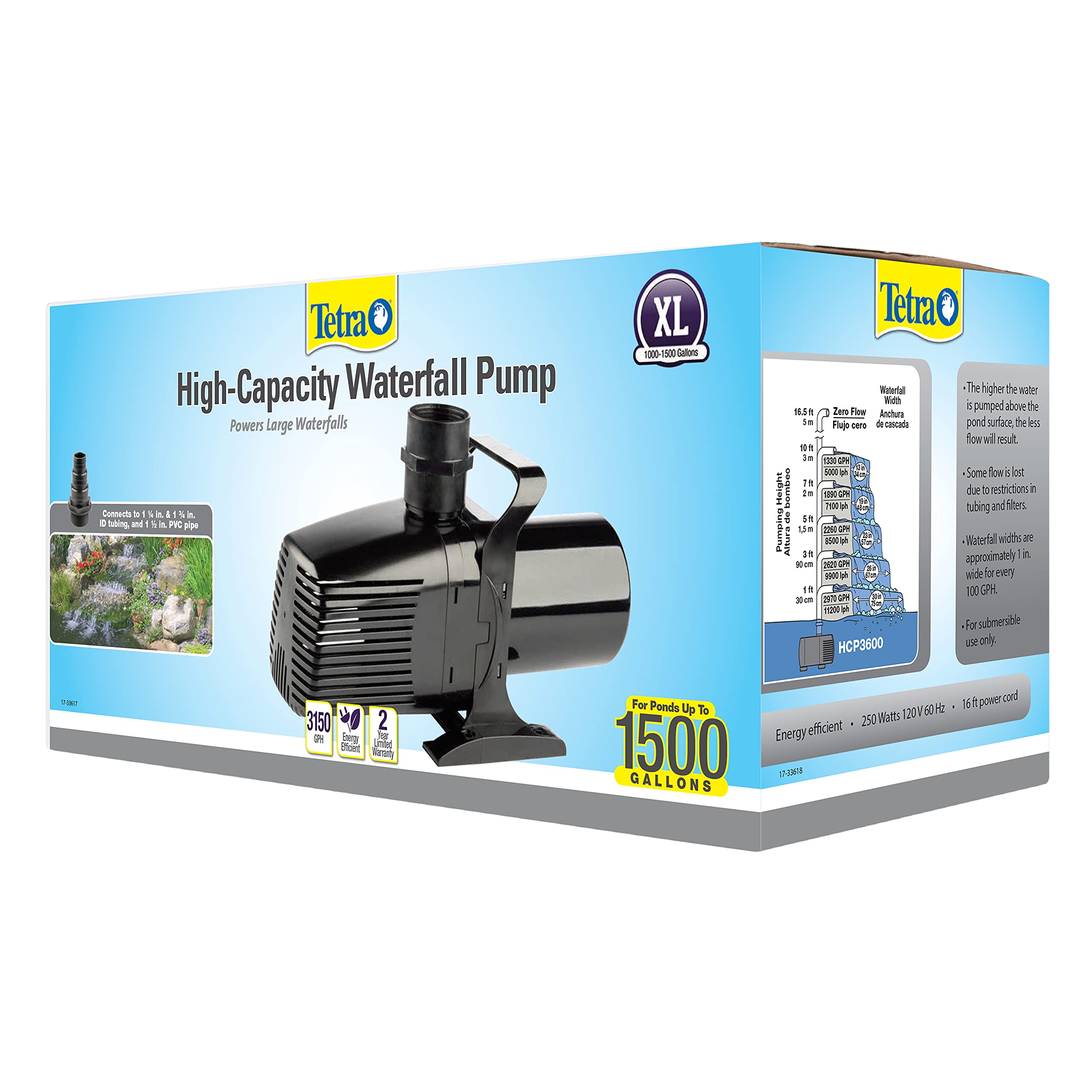 Tetra 14941 Pond Waterfall Pump for Ponds, Debris 3600 Gph Handling Pump High Capacity,Ponds Up to 1500 Gallons