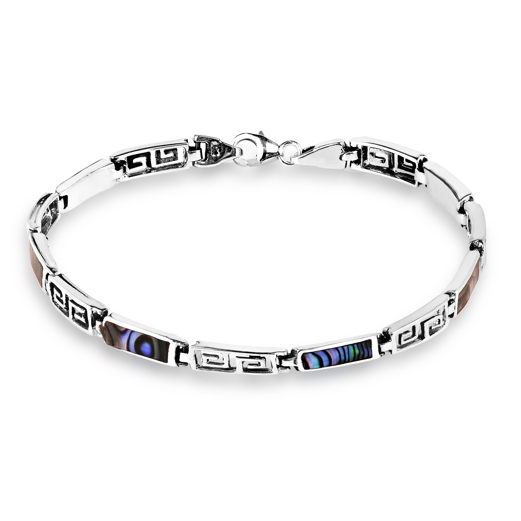 AeraVida Delicate Greek Key Labyrinth Abalone Shell Inlay .925 Sterling Silver Link Bracelet | Casual Sterling Silver Bangle Bracelet | Jewelry Gift