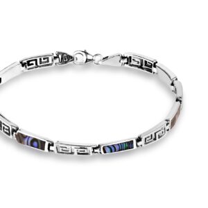 AeraVida Delicate Greek Key Labyrinth Abalone Shell Inlay .925 Sterling Silver Link Bracelet | Casual Sterling Silver Bangle Bracelet | Jewelry Gift