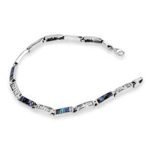 AeraVida Delicate Greek Key Labyrinth Abalone Shell Inlay .925 Sterling Silver Link Bracelet | Casual Sterling Silver Bangle Bracelet | Jewelry Gift