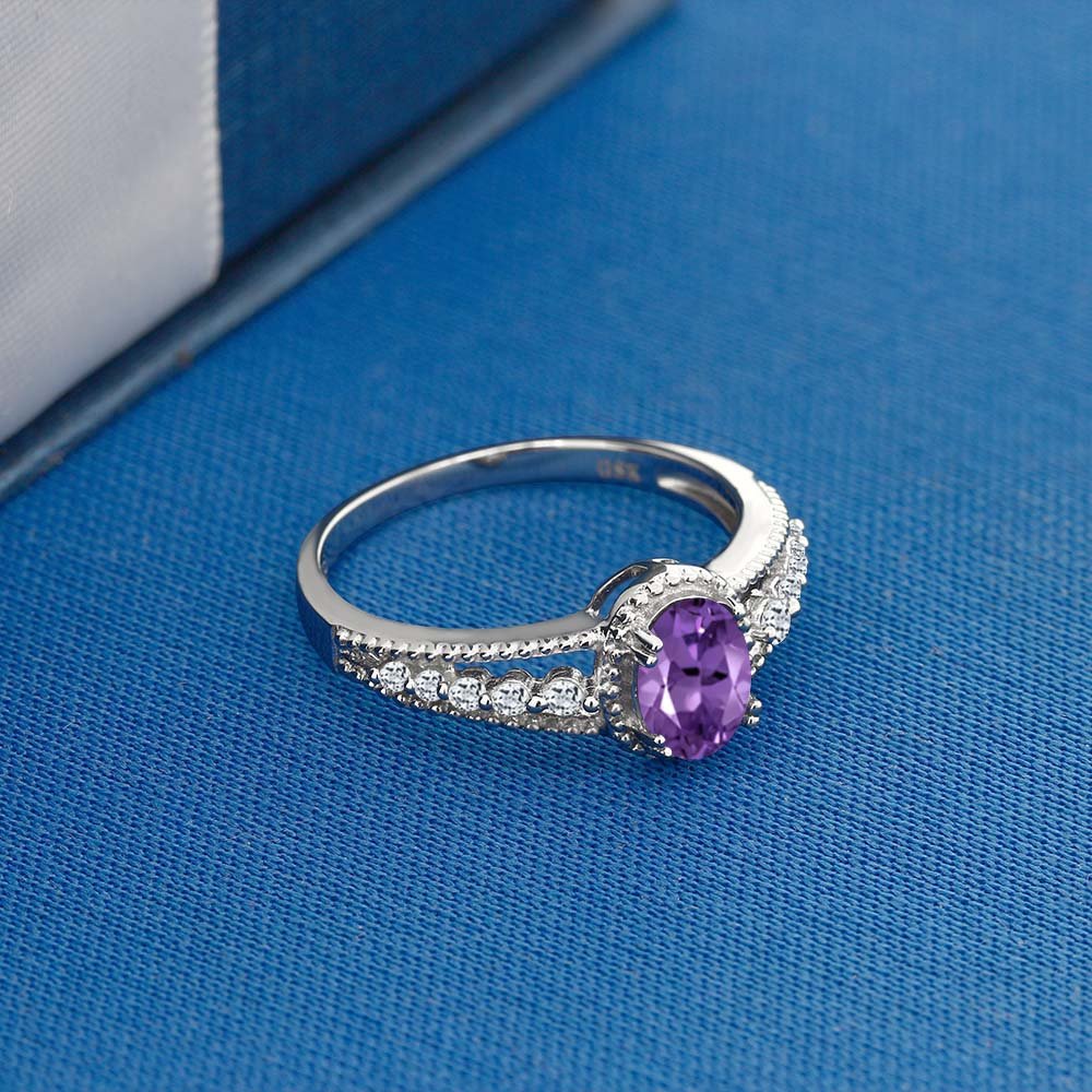 Gem Stone King 925 Sterling Silver Purple Amethyst and White Topaz Engagement Ring For Women | 0.96 Cttw | Gemstone Birthstone | Available In Size 5, 6, 7, 8, 9