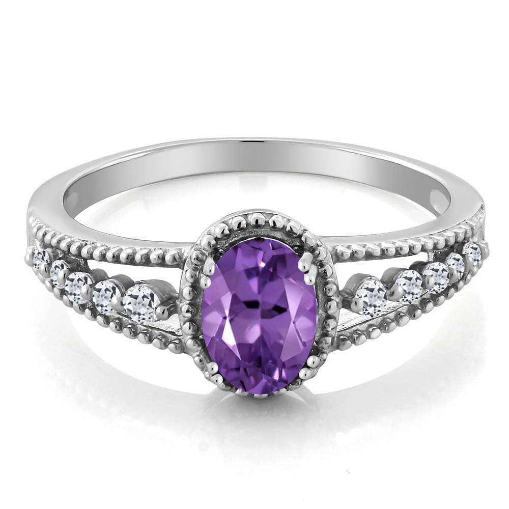 Gem Stone King 925 Sterling Silver Purple Amethyst and White Topaz Engagement Ring For Women | 0.96 Cttw | Gemstone Birthstone | Available In Size 5, 6, 7, 8, 9