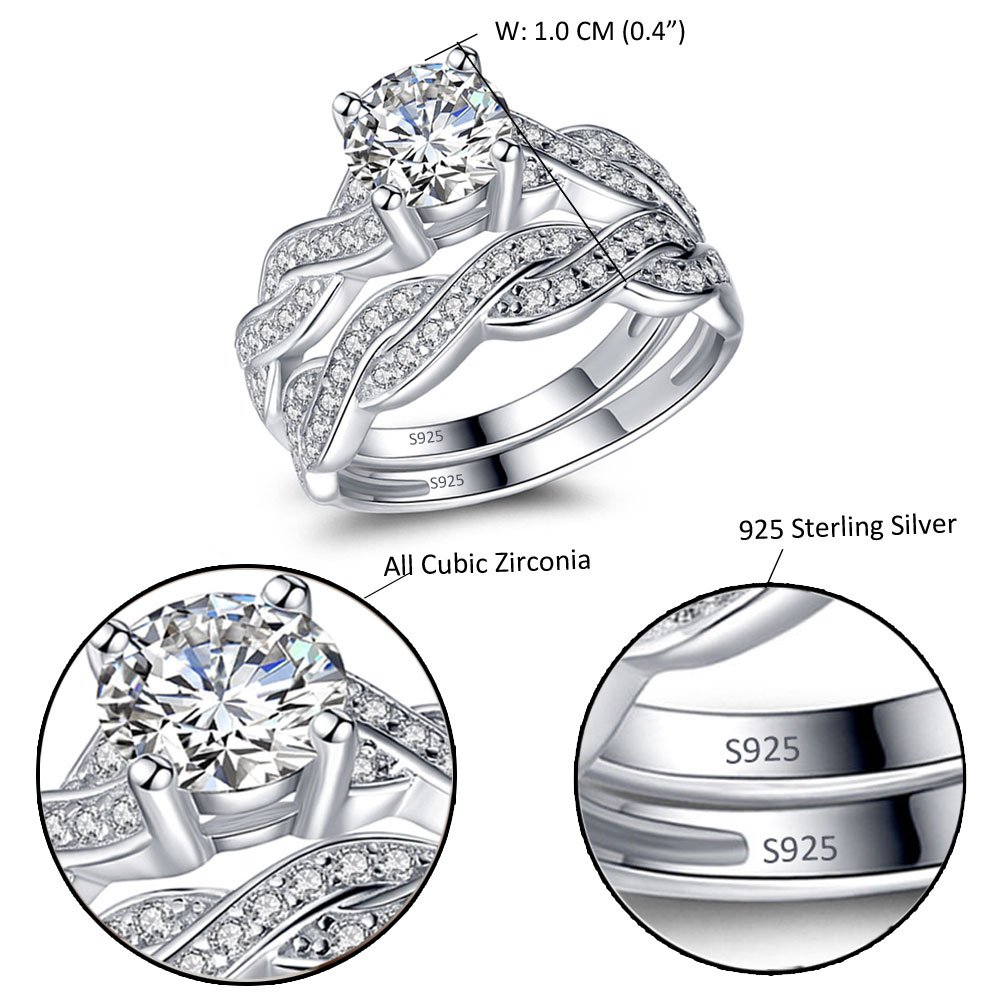 MABELLA His Hers 3 pcs Men's Stainless Steel Band & Women Infinity 925 Sterling Silver Wedding Engagement Ring Set Women's Size 8 Men's Size 10