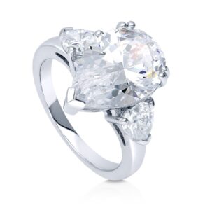 berricle sterling silver 3-stone wedding engagement rings pear cut cubic zirconia cz statement cocktail anniversary ring for women, rhodium plated size 10