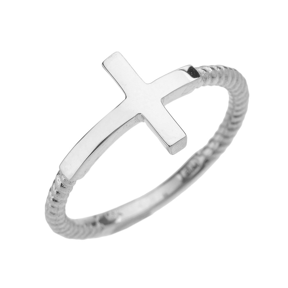 14k White Gold Twisted Rope Band Sideways Cross Ring (1.6 mm band width) (Size 4.75)