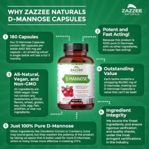 Zazzee D-Mannose, 1000 mg per Serving, 180 Vegan Capsules, 3 Month Supply, Potent & Fast-Acting, Certified Kosher, 100% Pure, All-Natural Urinary Tract Health UTI Support, 100% Vegetarian, Non-GMO