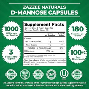 Zazzee D-Mannose, 1000 mg per Serving, 180 Vegan Capsules, 3 Month Supply, Potent & Fast-Acting, Certified Kosher, 100% Pure, All-Natural Urinary Tract Health UTI Support, 100% Vegetarian, Non-GMO