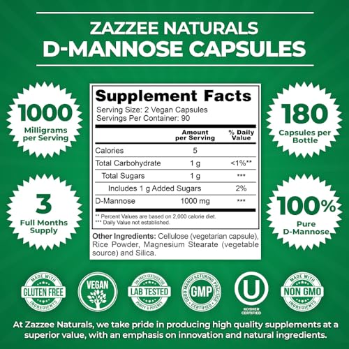 Zazzee D-Mannose, 1000 mg per Serving, 180 Vegan Capsules, 3 Month Supply, Potent & Fast-Acting, Certified Kosher, 100% Pure, All-Natural Urinary Tract Health UTI Support, 100% Vegetarian, Non-GMO