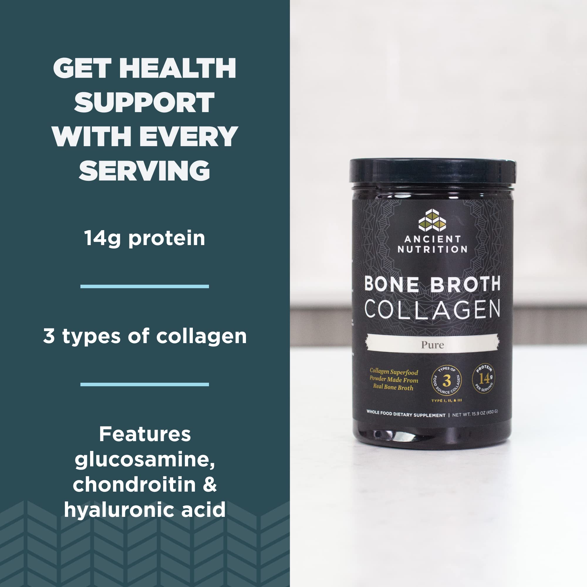 Ancient Nutrition Collagen Powder, Bone Broth Collagen, Pure, Hydrolyzed Multi Collagen Peptides, Supports Skin and Nails, Joint Supplement, 30 Servings, 15.9oz