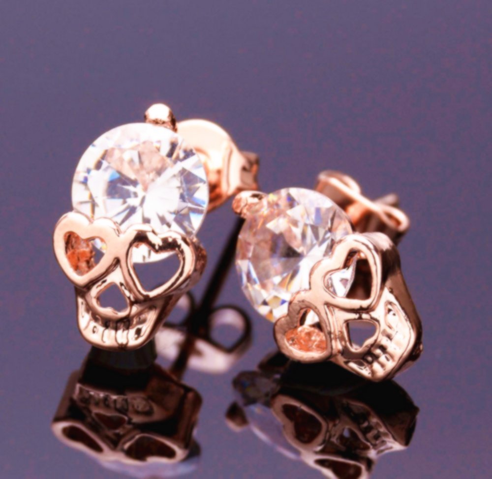 Zittop Rose Gold Women Tone Crystal Diamond Skull Pierced Stud Earrings Jewelry