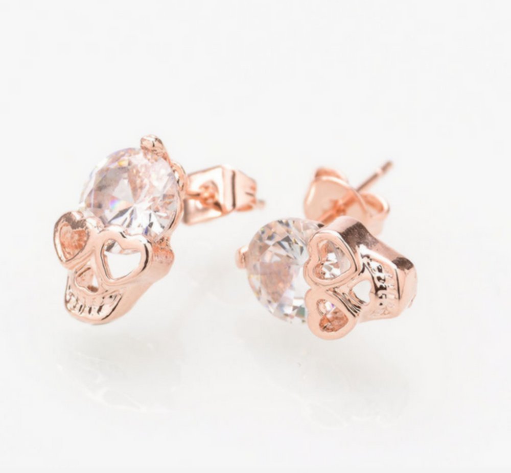 Zittop Rose Gold Women Tone Crystal Diamond Skull Pierced Stud Earrings Jewelry